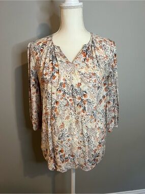 Marina Luna Cream Floral V-Neck Blouse Womens Size Small